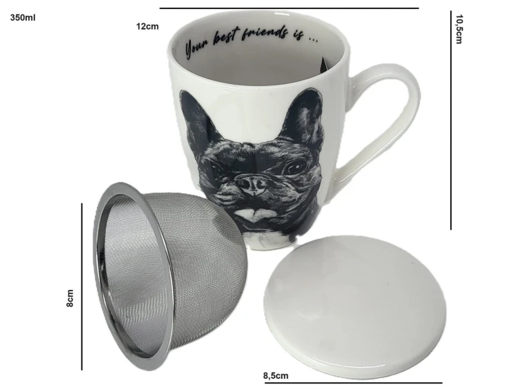 KUBEK PORCELANOWY  BULDOG FRANCUSKI- PRZYKRYWKA ZAPARZACZ