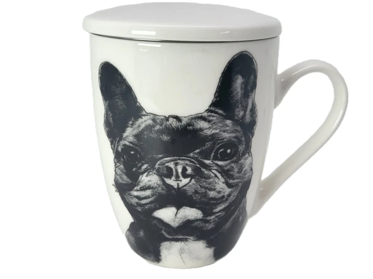 KUBEK PORCELANOWY  BULDOG FRANCUSKI- PRZYKRYWKA ZAPARZACZ