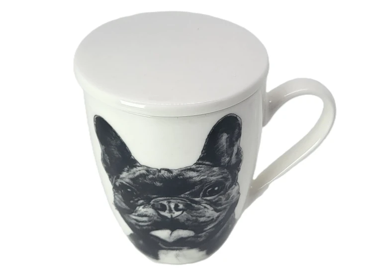 KUBEK PORCELANOWY  BULDOG FRANCUSKI- PRZYKRYWKA ZAPARZACZ