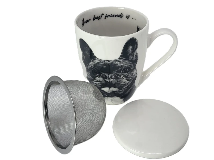 KUBEK PORCELANOWY  BULDOG FRANCUSKI- PRZYKRYWKA ZAPARZACZ