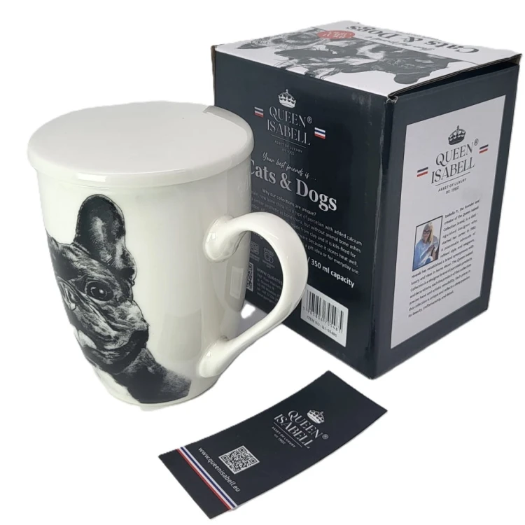 KUBEK PORCELANOWY  BULDOG FRANCUSKI- PRZYKRYWKA ZAPARZACZ