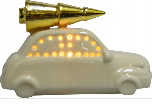 FIGURKA AUTO PORCELANOWE Z CHOINKĄ NA DACHU PODŚWIETLANE DUŻE 16*8*11,2CM