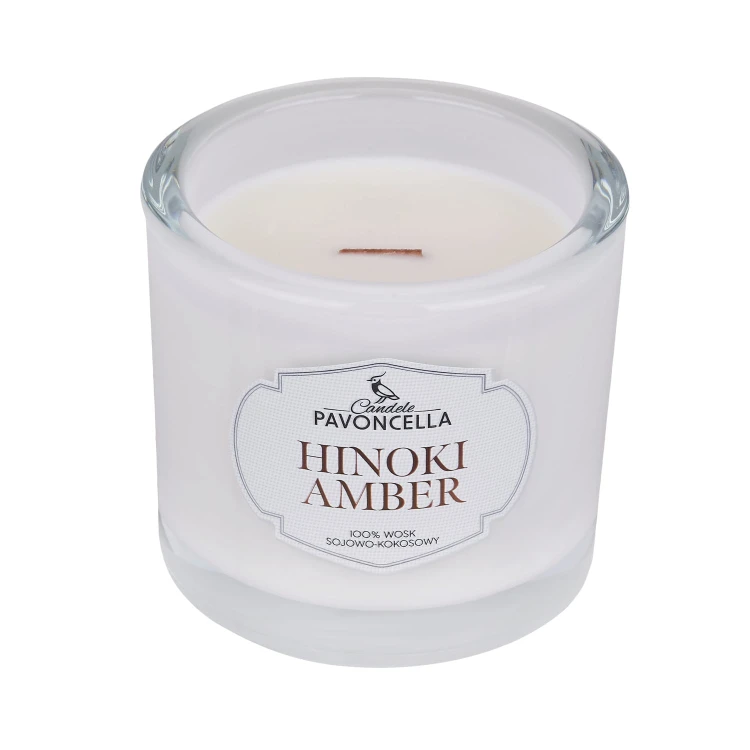 NATURALNA ŚWIECA SOJOWO-KOKOSOWA O ZAPACHU HINOKI AMBER 170G BIAŁA