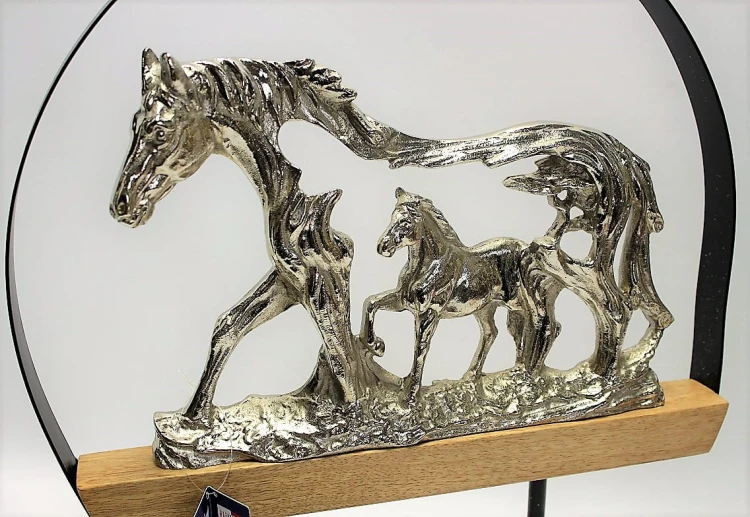 FIGURKA RZEŹBA KONIE METAL+DREWNO 43X34,5X7