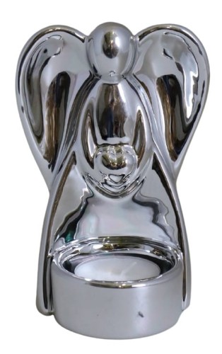 ŚWIECZNIK ANIOŁ CERAMICZNY NA T-LIGHT SREBRNY 12,7CM