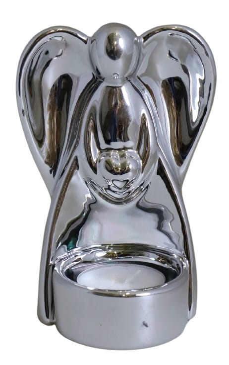 ŚWIECZNIK ANIOŁ CERAMICZNY NA T-LIGHT SREBRNY 12,7CM
