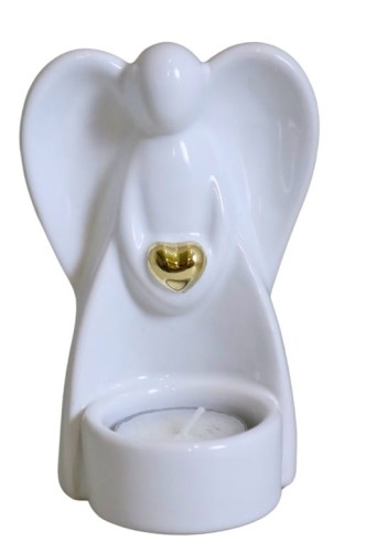 ŚWIECZNIK ANIOŁ CERAMICZNY NA T-LIGHT BIAŁY 12,7CM