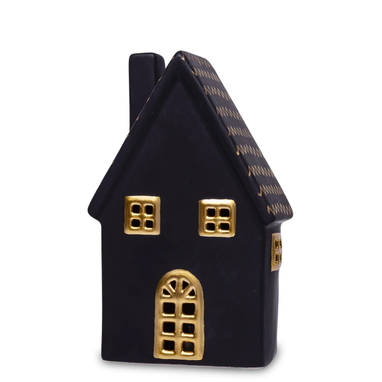 FIGURKA DOMEK LED CZARNO ZŁOTY 19x12x6,5 cm