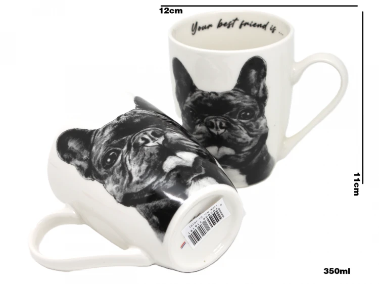 ZESTAW 4 KUBKÓW NA STOJAKU - BULDOG FRANCUSKI 350ml