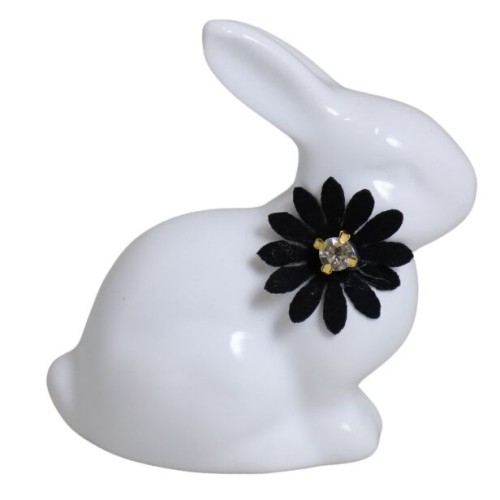 KRÓLIK CERAMICZNY BIAŁY Z CZARNYM KWIATKIEM 7x4x7,5 cm