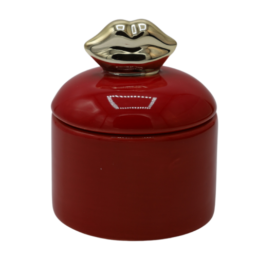 PUZDERKO CERAMICZNE CZERWONE ZE ZŁOTYMI USTAMI 8,2x9,8 cm