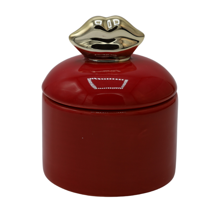 PUZDERKO CERAMICZNE CZERWONE ZE ZŁOTYMI USTAMI 8,2x9,8 cm