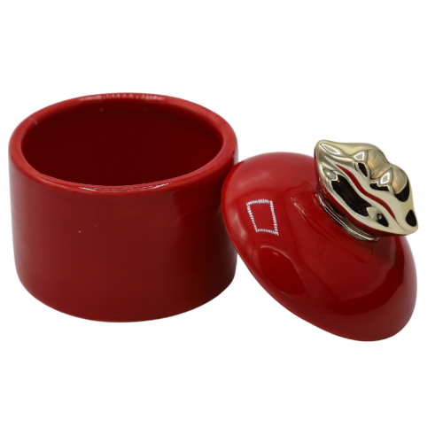 PUZDERKO CERAMICZNE CZERWONE ZE ZŁOTYMI USTAMI 8,2x9,8 cm