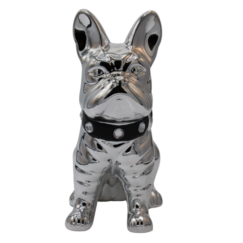 SKARBONKA BULDOG SREBRNY Z CZARNĄ OBROŻĄ 23,5 cm