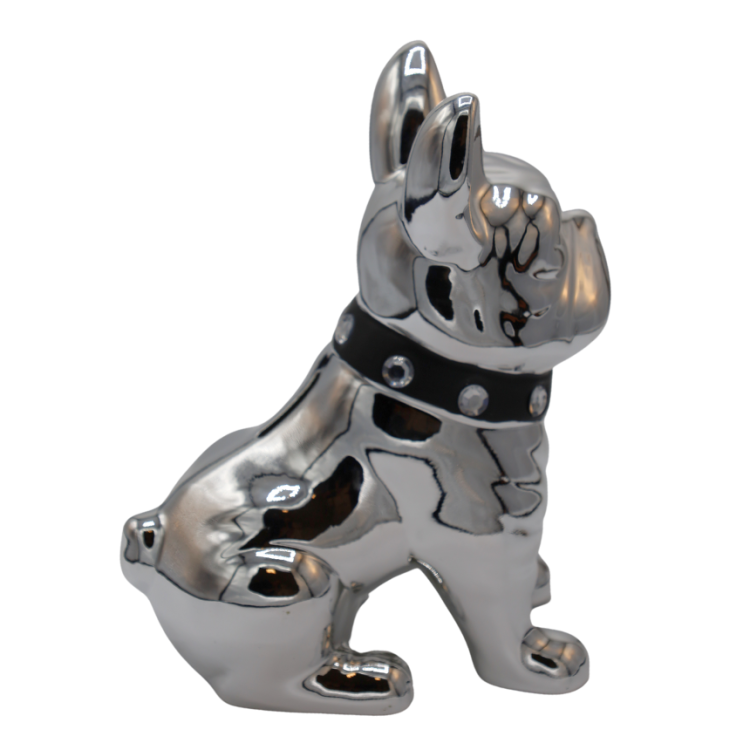 SKARBONKA BULDOG SREBRNY Z CZARNĄ OBROŻĄ 23,5 cm