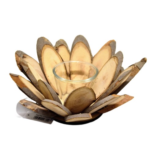 ŚWIECZNIK DREWNIANY KWIAT ZE SZKLANYM WKŁADEM 25X25X12CM