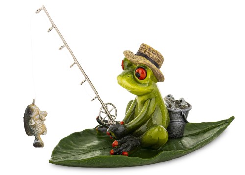 FIGURKA ŻABA WĘDKARZ NA LIŚCIU 20X8CM