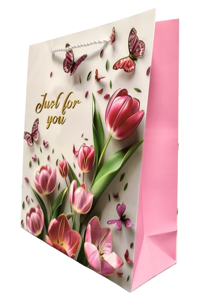 TOREBKA UPOMINKOWA RÓŻOWA W TULIPANY KWIATY