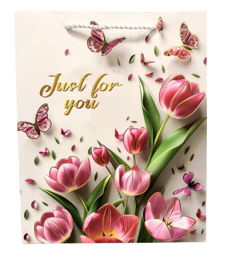 TOREBKA UPOMINKOWA RÓŻOWA W TULIPANY KWIATY