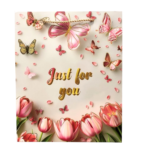 TOREBKA UPOMINKOWA RÓŻOWA W TULIPANY KWIATY