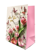 TOREBKA UPOMINKOWA RÓŻOWA W TULIPANY KWIATY