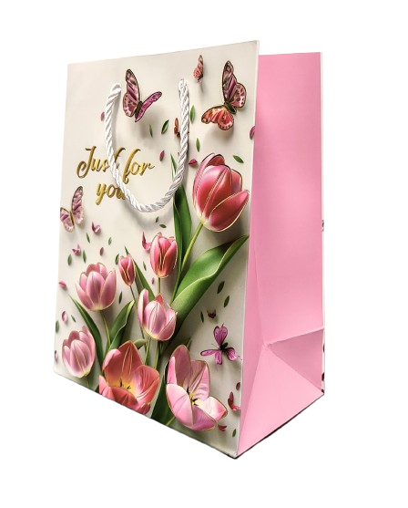 TOREBKA UPOMINKOWA RÓŻOWA W TULIPANY KWIATY