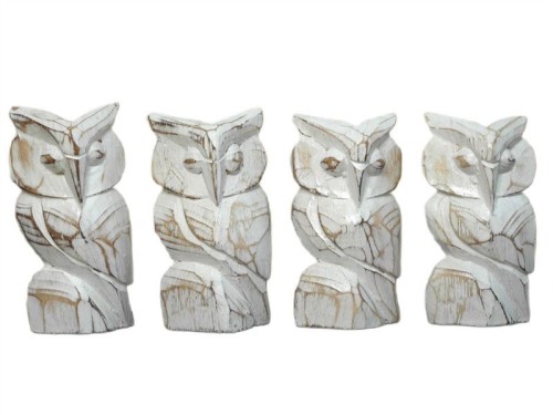 ZESTAW CZTERY DREWNIANE SOWY 10cm INDONEZJA