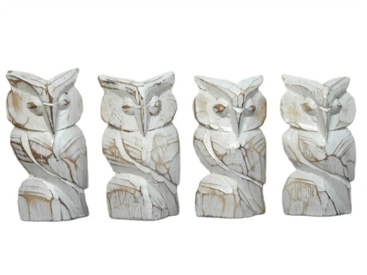 ZESTAW CZTERY DREWNIANE SOWY 10cm INDONEZJA