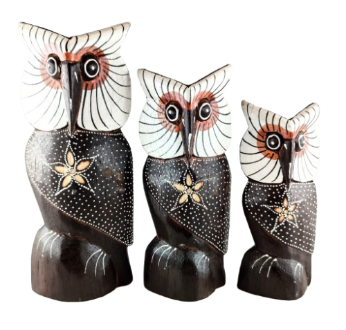 ZESTAW TRZY DREWNIANE SOWY 21/17/15 CM INDONEZJA