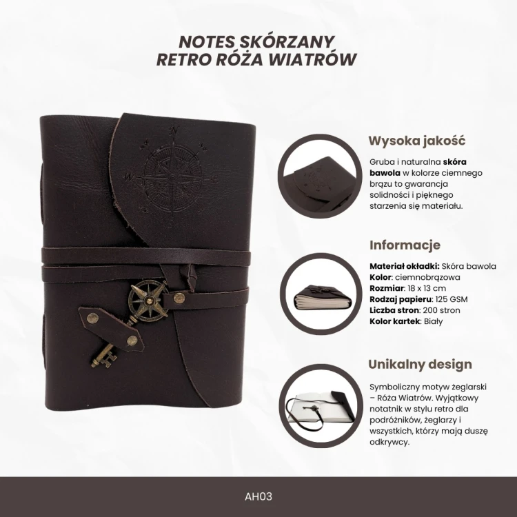 Notes Skórzany Retro Róża Wiatrów 200 stron - Prezent dla Żeglarza