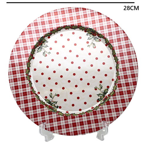 ŚWIĄTECZNA METALOWA TACA PODTALERZ 28CM KROPKI