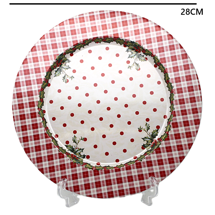 ŚWIĄTECZNA METALOWA TACA PODTALERZ 28CM KROPKI
