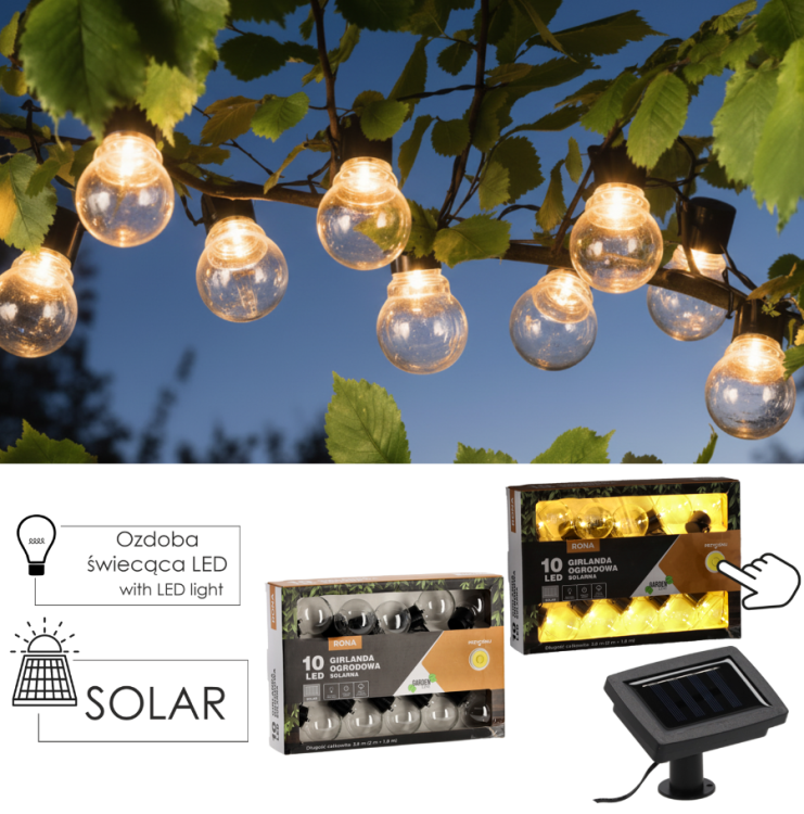 GIRLANDA SOLARNA OGRODOWA DŁ. 2 + 1,8 M RONA 10 LED CIEPŁY BIAŁY