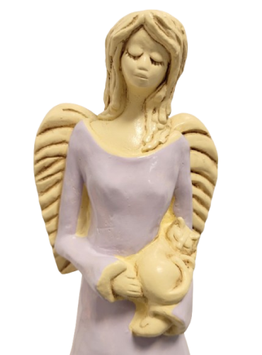 FIGURKA ANIOŁ STOJĄCY Z KOTEM FIOLETOWY 37CM HAND MADE