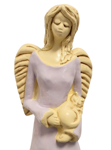 FIGURKA ANIOŁ STOJĄCY Z KOTEM FIOLETOWY 37CM HAND MADE