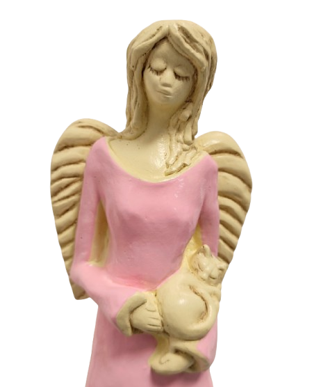 FIGURKA ANIOŁ STOJĄCY Z KOTEM RÓŻOWY 37CM HAND MADE