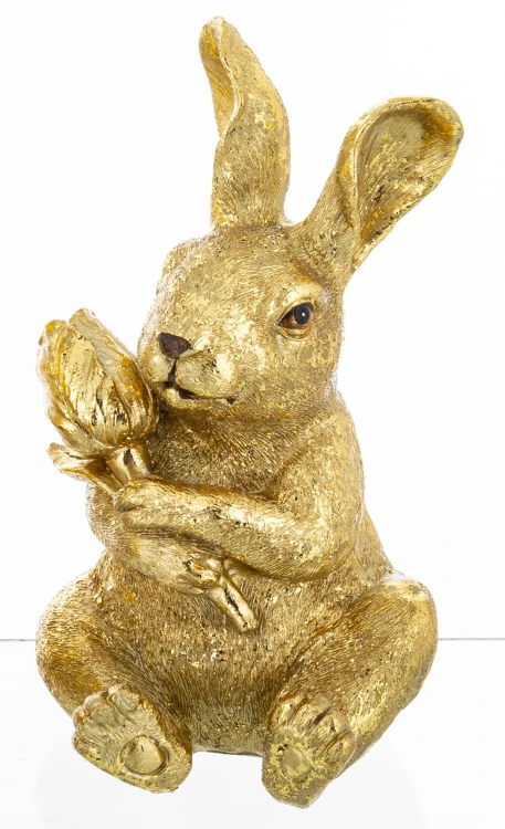 Złoty Zając Figurka Wielkanocna z Kwiatem Glamour Zajączek