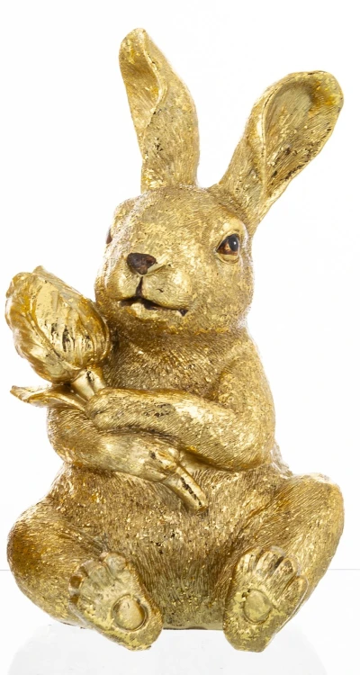 Złoty Zając Figurka Wielkanocna z Kwiatem Glamour Zajączek