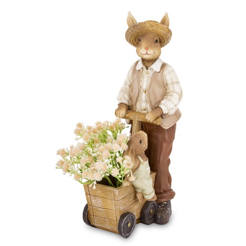 Figurka Zając Ogrodnik z Wózkiem Kwiatów Dekoracja Retro