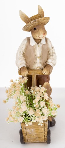 Figurka Zając Ogrodnik z Wózkiem Kwiatów Dekoracja Retro