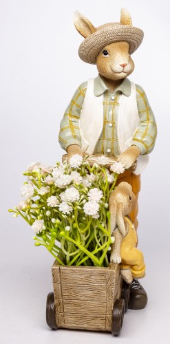 Figurka Zając z Wózkiem i Kwiatami Wielkanoc