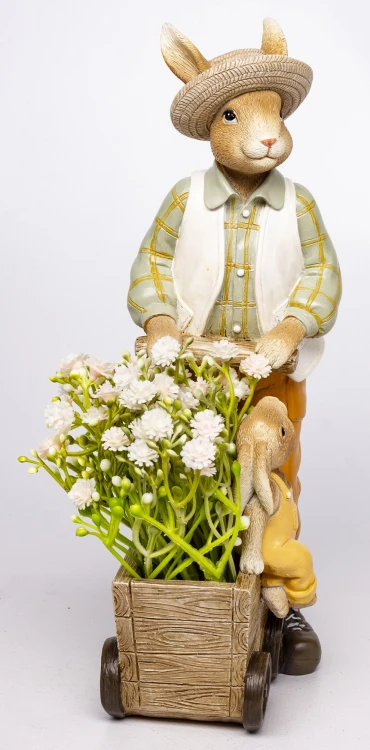 Figurka Zając z Wózkiem i Kwiatami Wielkanoc