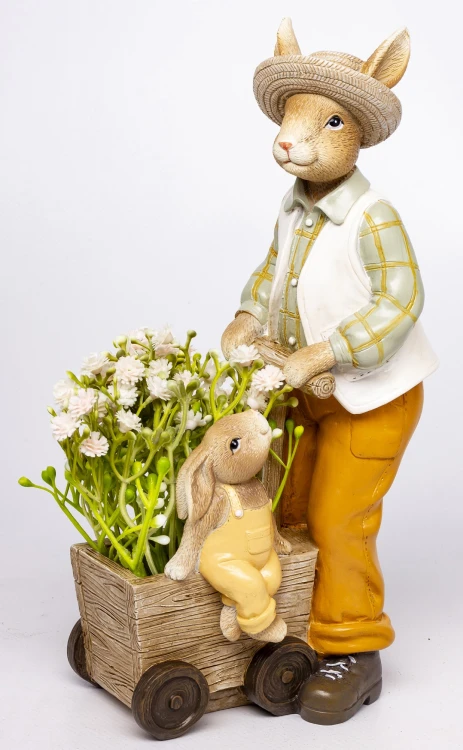 Figurka Zając z Wózkiem i Kwiatami Wielkanoc