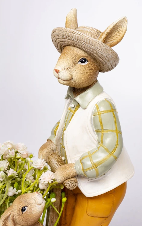 Figurka Zając z Wózkiem i Kwiatami Wielkanoc