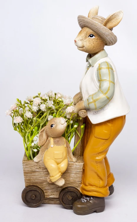 Figurka Zając z Wózkiem i Kwiatami Wielkanoc