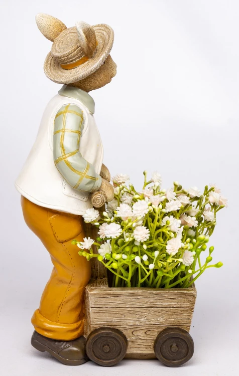 Figurka Zając z Wózkiem i Kwiatami Wielkanoc