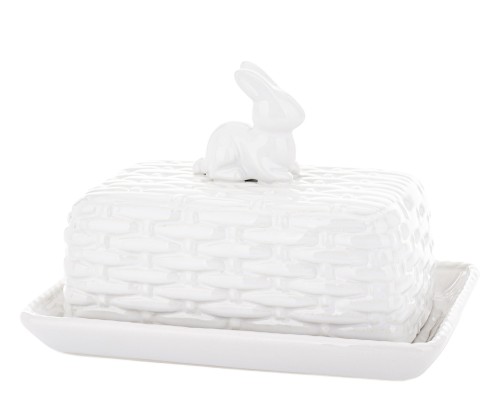 BIAŁA MASELNICZKA CERAMICZNA ZAJĄC KOSZYK