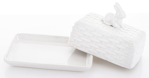 BIAŁA MASELNICZKA CERAMICZNA ZAJĄC KOSZYK