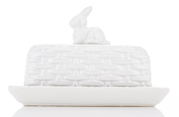 BIAŁA MASELNICZKA CERAMICZNA ZAJĄC KOSZYK