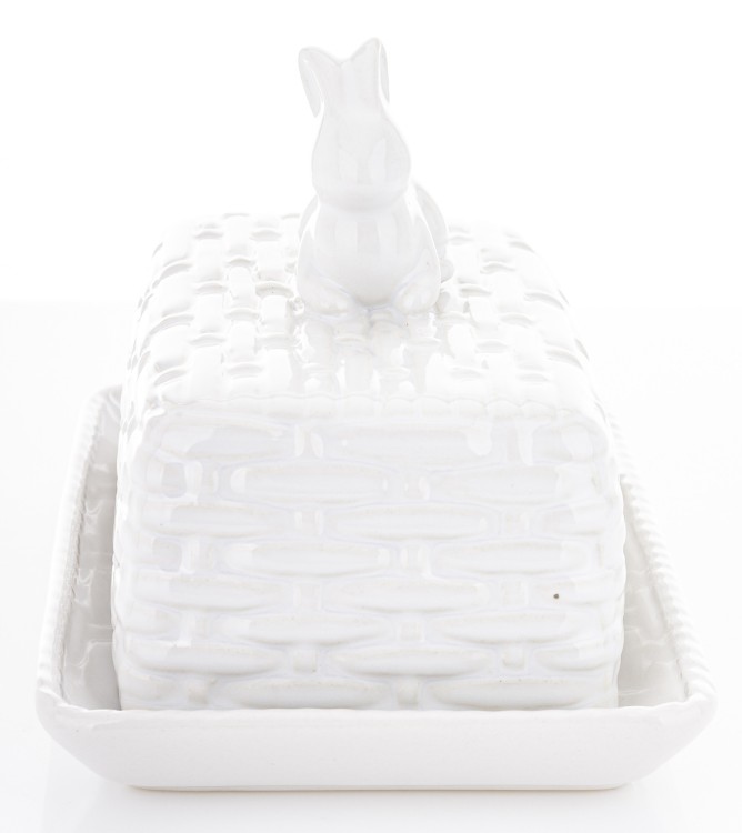 BIAŁA MASELNICZKA CERAMICZNA ZAJĄC KOSZYK
